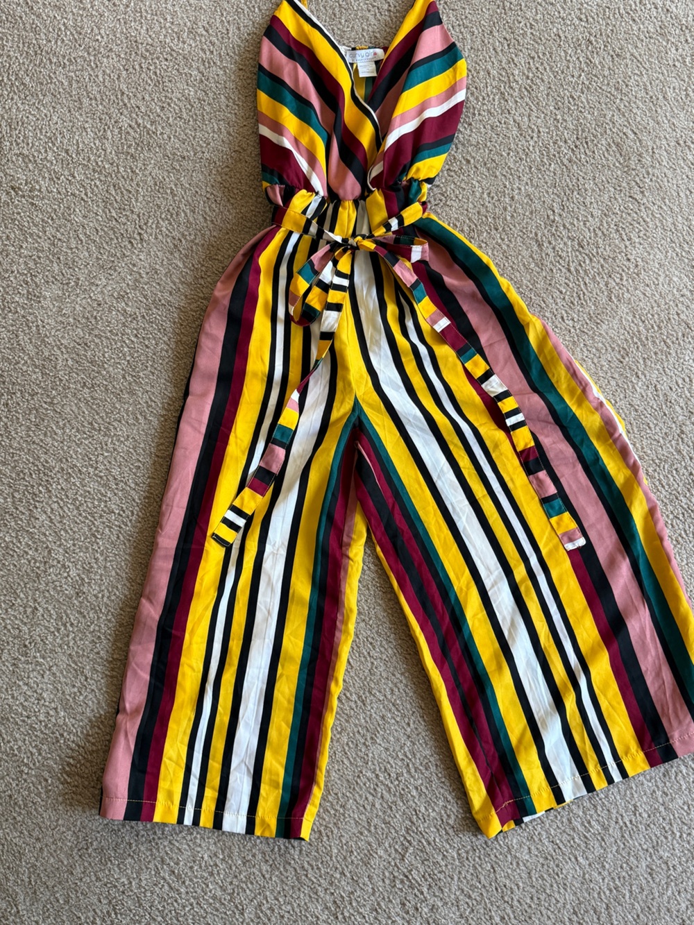 Striped Tie-Waist Kids Pants in Yellow, Pink, Green & White - Picture 1 of 3